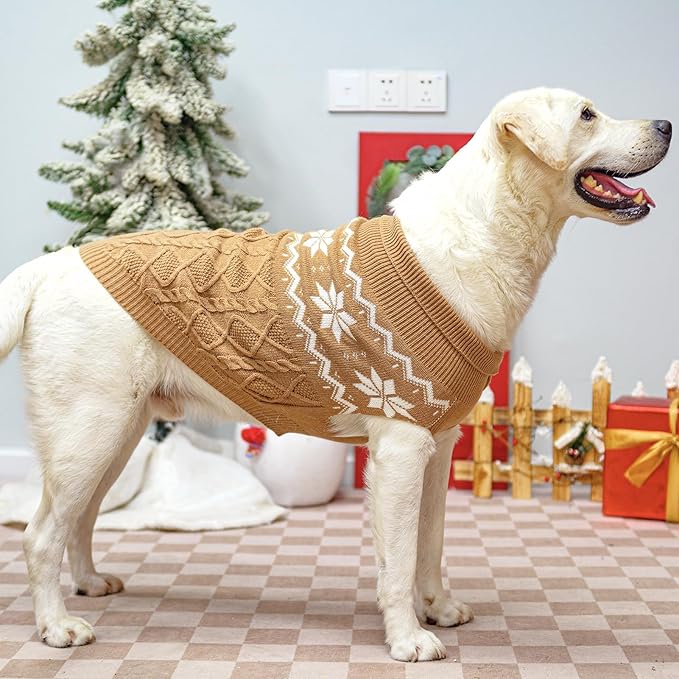 Warm Winter Pink Dog Sweater - Cold Weather Pet Clothes for Small Medium Large Dogs Indoor Outdoor, Soft Classic Knit Puppy Apparel Coat, Khaki, ML