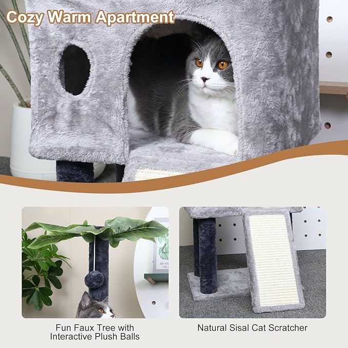 Cat Tree for Indoor Cats, Cat Tower with Scratching Post, Modern Activity House for Large Cats, Condo with Board, Kittens Cave
