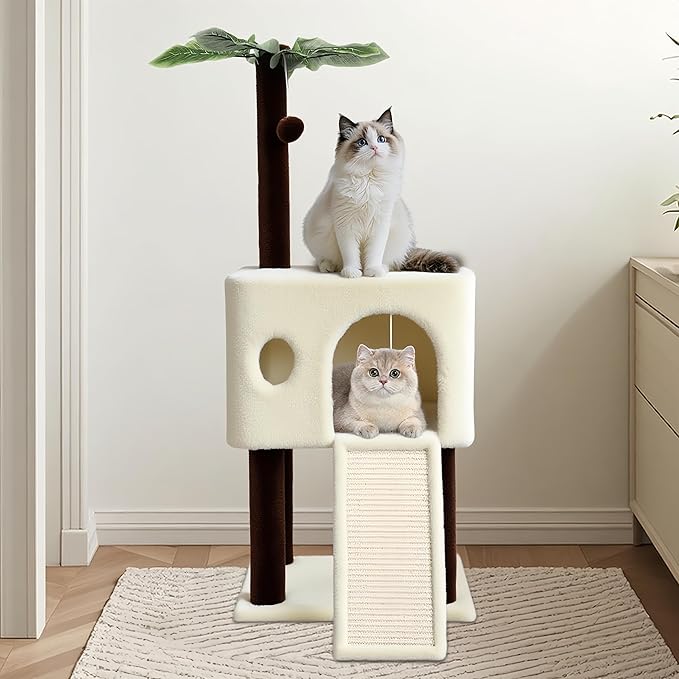 41″ Cat Tree for Indoor Cats Furniture, Cat Tower with Scratching Board, Modern Activity House for Large Cats, Condo with Ball Toys, Kittens Cave, Cat's nest, Beige White
