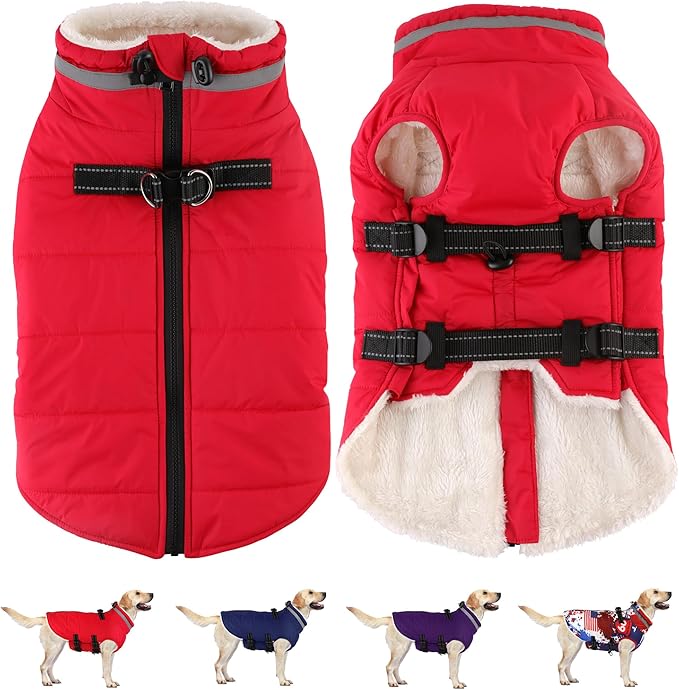 Dogcheer Dog Coat with Harness, Waterproof Dog Jacket Adjustable Pet Winter Coat with Zipper, Christmas Puppy Snow Jacket Fleece Sweater for Small Medium Large Dogs - Red S