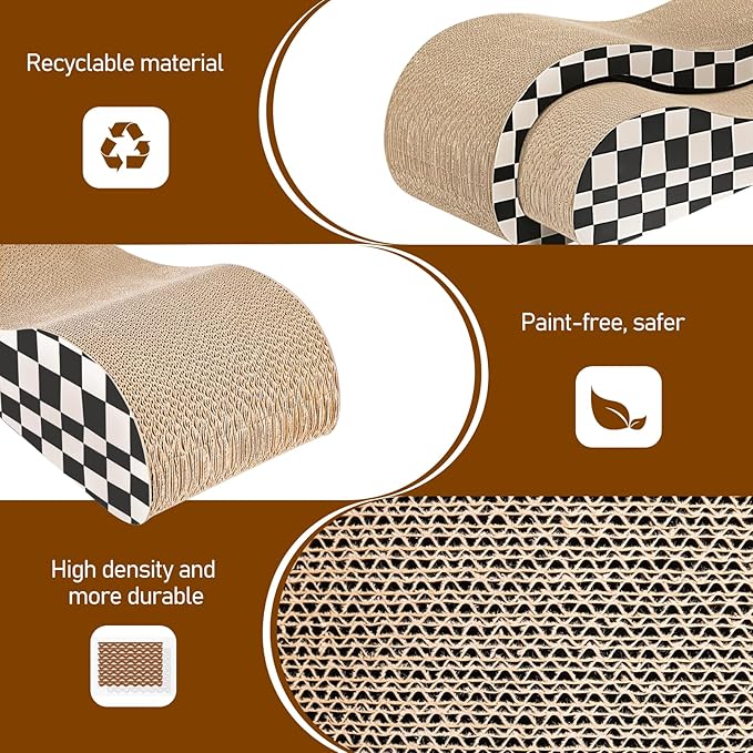 FluffyDream 2 in 1 Cat Scratcher Cardboard Lounge Bed, Cat Scratching Post, Durable Board Pads Prevents Furniture Damage,Large,Checkerboard