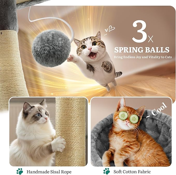 YITAHOME 75-Inch Tall Cat Tree Indoor: Multi-Level Kitten Tower with Kitty Condos, Top Perches, Sisal Ramp, Scratching Posts & Cozy Basket Hammocks Pet Play House Light Gray