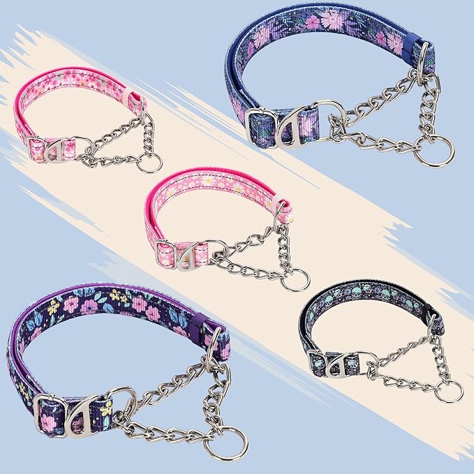 Reflective Martingale Dog Collar with Chain - Comfortable & Safe Choke Dog Collar for Medium Large Extra Large and XXL Dogs Trainer Recommended Collar (Purple Flowers XXL)
