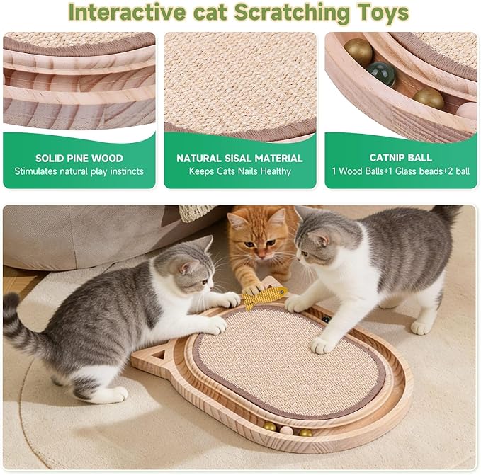 Cat Scratcher Sisal Scratching Pad Toy with Ball Track Wooden Interactive for Indoor Physical Exercise Kitty Medium Kitten Spring Chasing Hunting Mental Bored Adult Enrichment Toys Post