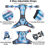 PoyPet Plaid Dog Harness, No Pull Front Clip Pet Vest Harness, Soft Padded Reflective Adjustable Walking Harness with Handle for Large Medium Small Dogs(Checkered Blue, L)