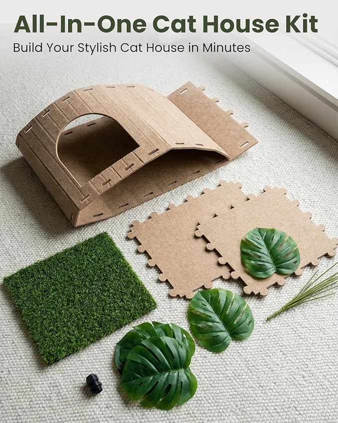 Cat Houses for Indoor Cats with Decorative Plants, Hidden Indoor Cat Bed Cave, Cozy Felt Design, Strong Scratch-Resistant Capacity, Hideaway Cat Condo, Ideal for Home Decor, Dark Camel