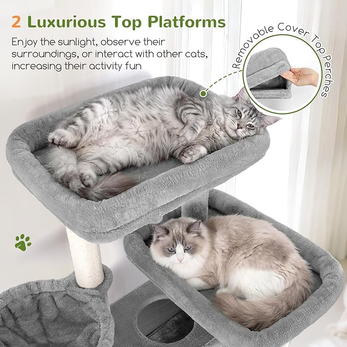 Globlazer Large Cat Tree, 72 inch Tall Cat Climbing Tower for Indoor Large Adult Cats Multi-Level Furniture Tree House with 2 Cozy Perches, 2 Padded Condos, 5 Sisal Scratching Posts, F72G, Light Grey