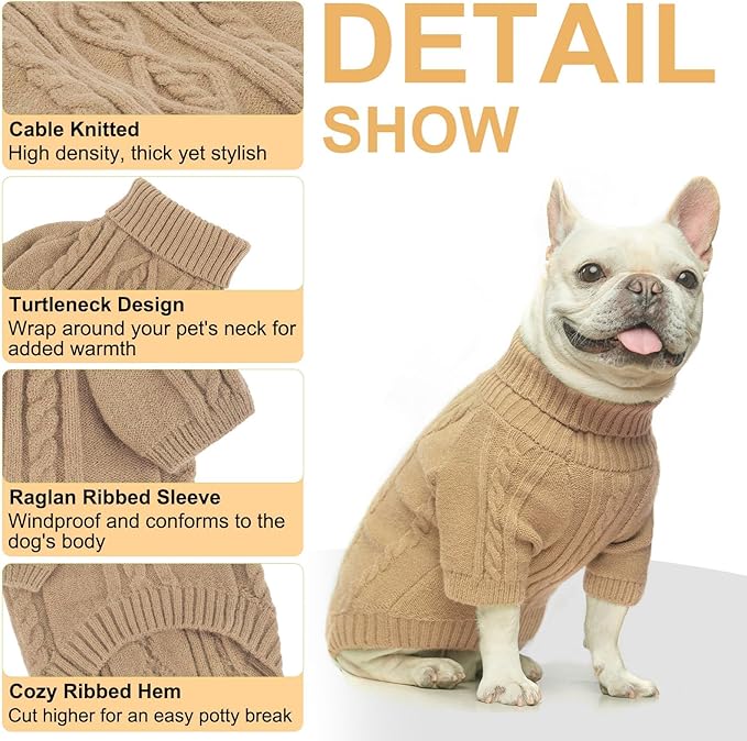 BEAUTYZOO Small Dog Sweater Female Male, Fleece Dog Winter Sweater for Medium Girl Boy Dogs, Pink Warm Cute Puppy Pullover Sweater, Thick Turtleneck Pet Cold Weather Clothes Cable Knitwear, Khaki SM
