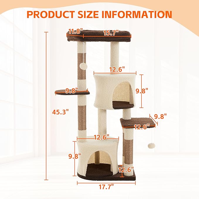 45.3-inch Multi-Level Cat Tree Tower with 3 Soft Platforms & 2 Cat Caves, Fully Wrapped Sisal Scratching Post for Indoor Cats, Dangling Toy, Brown