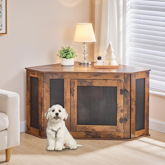 Corner Dog Crate Furniture, Wooden Dog Kennel End Table, Decorative Pet Crate Indoor Use, Furniture Style Dog House for Small Medium Dog, Dog Cage TV Stand, Rustic Brown DCRB0801