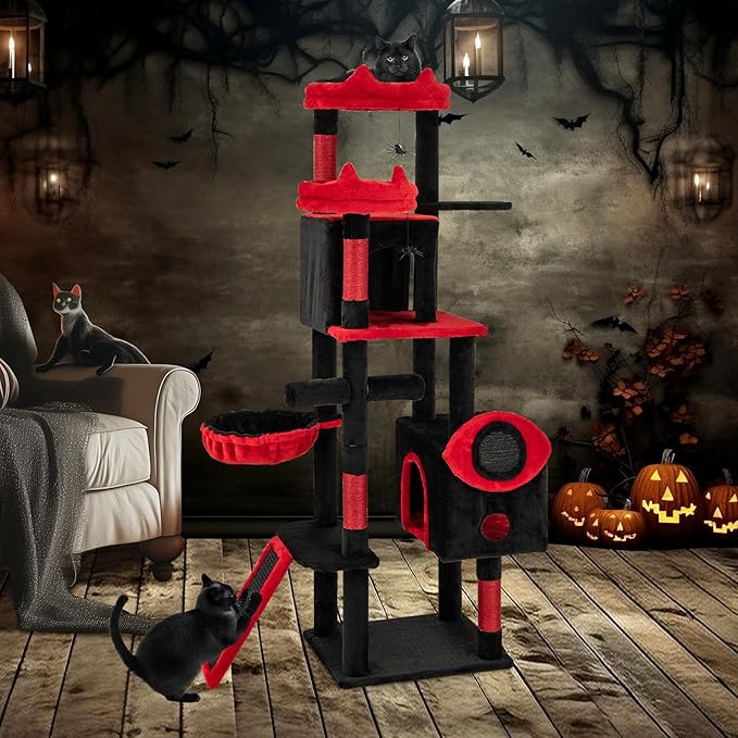 Tangkula Gothic Cat Tree, Large Spooky Cat Tower with Sisal Scratching Posts & Ramp, 2 Cat Condos, 2 Devil Ear-Shaped Perches, Spider Toys, Bat-Shaped Platform, Basket Bed, Goth Cat Tree, Black & Red