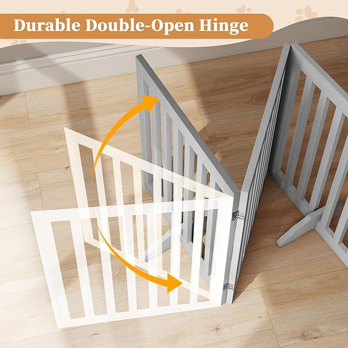 24”H Freestanding Wooden Pet Gate, Dog Gate for Stairs, Doorways, and Hallways, Step Over Foldable Pet Fence for Indoor Use, Support Feet Included, 60 inch Wide 3 Panels, Grey