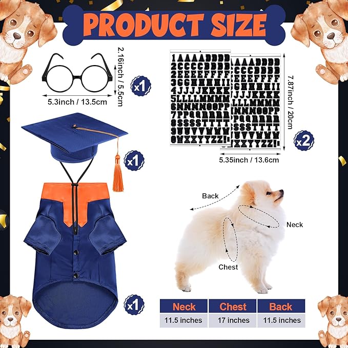 5 Pcs Dog Graduation Costume Set Include 2026 Pet Graduation Gown with Stole Puppy Grad Cap Lensless Glasses DIY Letter Stickers for Dogs Cats Holiday Costume Accessory(Blue Orange,S)
