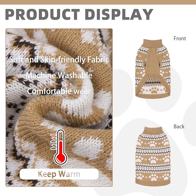 KOOLTAIL Cable Knit Dog Sweater Turtleneck, Cold Weather Pullover Classic Knitwear, Cute Paws Pattern Thick Warm Winter Pet Clothes, Dog Christmas Sweater for Small Medium Large Dogs Cats, Khaki M