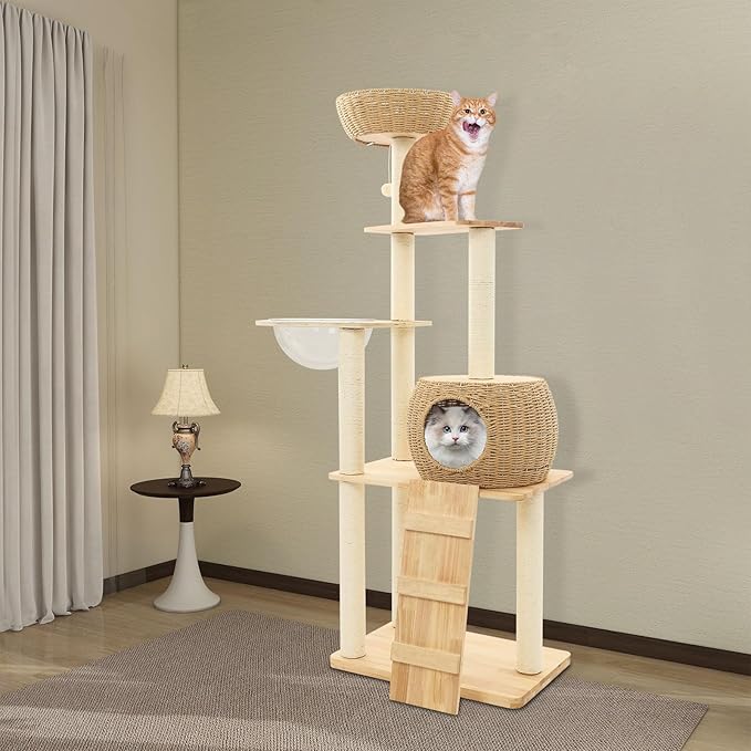 57 Inch Tall Cat Tree with Hammock & Condo, Multi-Level Cat Tower with Scratching Posts & Toys, 24" Width Natural Wood Cat Furniture with Sisal Rope, Cat Climbing Frame for Indoor Cats