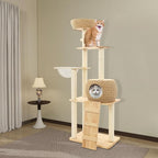Modern Cat Tree, 55in Rattan Cat Tree Tower with Woven Condo, Clear Bowl, Washable Cushions, and Scratching Posts, Cat Furniture Activity Centre