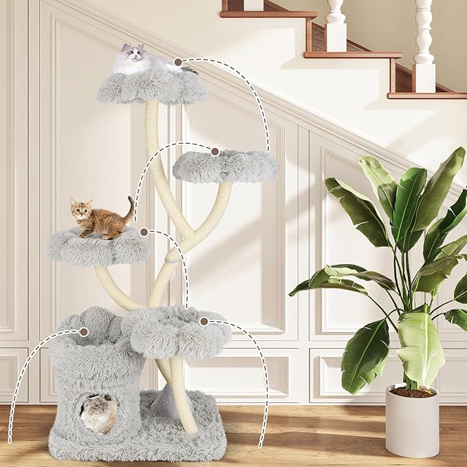Tangkula Cat Tree Tower, 65 Inch Tall Cat Tower with Sisal Scratching Posts, Flower-Shaped Platforms, Padded Cat Condo, Modern Cat Tree for Indoor Cats Large Adult (Gray)