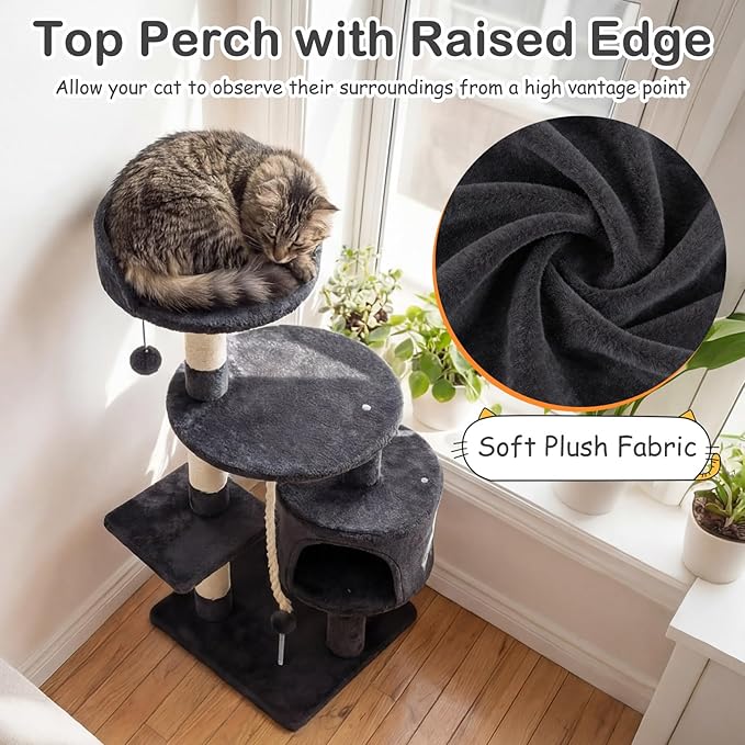 Tangkula 36 Inch Cat Tree Tower, Multi-Level Cat Tower with Condo, Top Perch, Sisal Scratching Posts & Hanging Rope, Spring & Hanging Balls, Climbing Platforms for Indoor Cats and Kittens (Dark Gray)