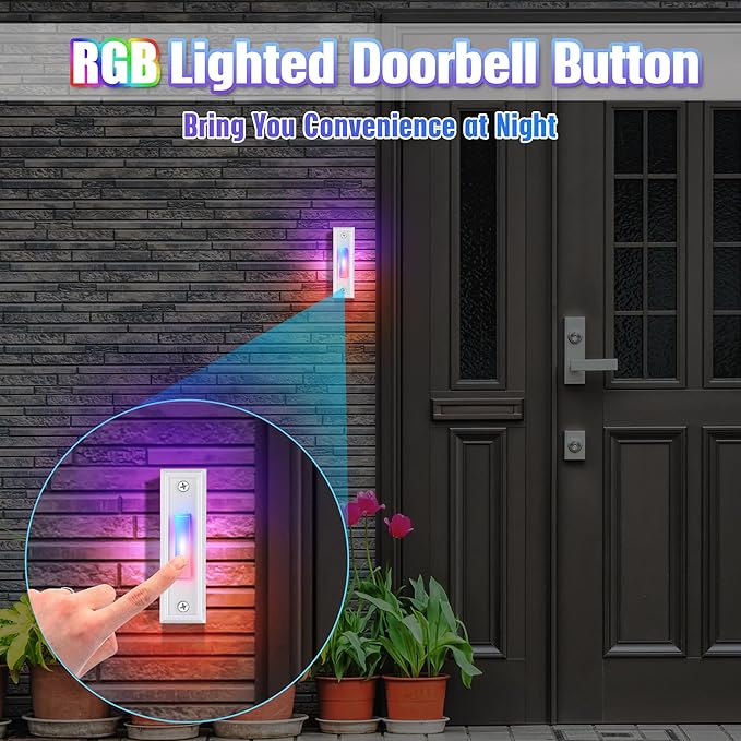 Saillong 1 Piece Lighted Doorbell Button, Wall Mounted Garage Door Opener Switch with LED Light Compatible with Most Wire Doorbell Chimes, Transformer, Ringer, Buzzers (White,Colorful Light)