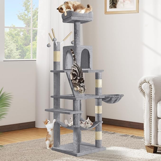 DWVO 64.5" Tall Cat Tree, Multi-Tier Cat Condo with Hammock, Scratching Posts & Play Balls for 2-3 Cats (Light Gray)