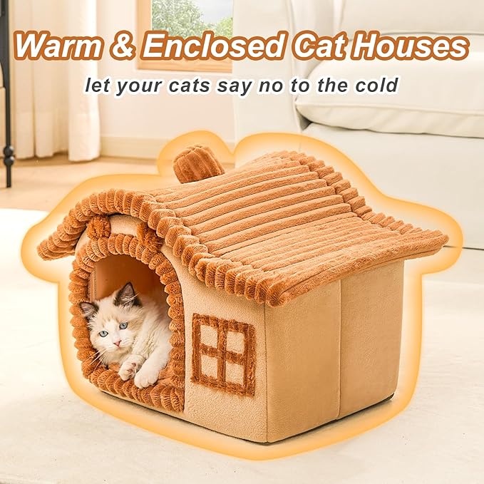 Jiupety Bear Cat Houses for Indoor Cats, Chimney Cute Cat Bed Cave, Enough Interior Space, Cartoon Soft Pet House Up to 3-7 lbs Kitten, Brown