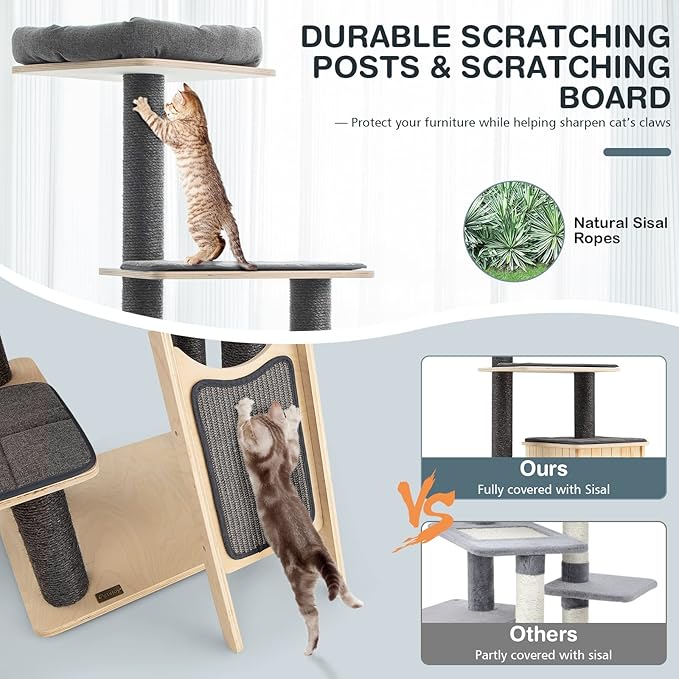 Tangkula Tall Cat Tree, 69 Inch 5-Tier Wood Cat Tower with Scratching Sisal Posts, Top Perch, Cute Cat Condo, Modern Cat Tree with Washable Cushions for Indoor Cats Large Adult (Grey)