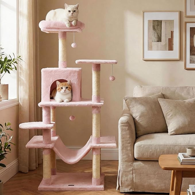 PETSITE Multi-Level Cat Tree, 58 Inches Tall with Sisal Scratching Posts, Condo, Hammock, Dangling Balls, Jumping Platforms, and Cozy Top Perch, Ideal for Indoor Cats to Play and Rest (Pink)