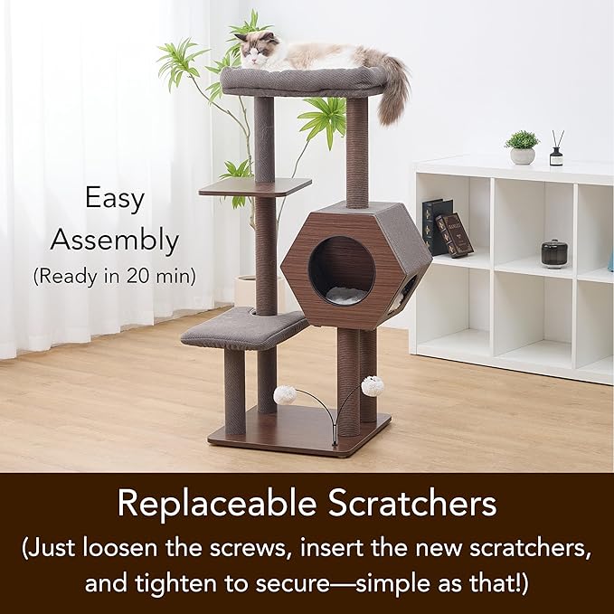 PetPals 5-Level 46.4” Mid-Century Modern Cat Tree with Hexagon Condo, Replaceable Recycled Paper Rope Scratchers, Washable Bed&Toys, Quick Assembly, Ideal for Medium Cats,Dark Brown