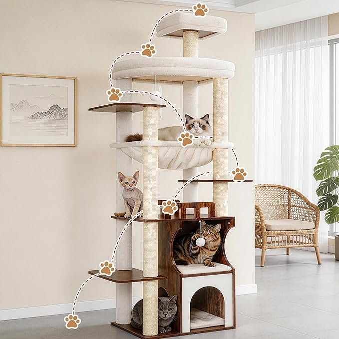 Cat Tree, 70.9 Inch Wood Cat Tower for Large Cats Adult, Modern Cat Furniture with Double-Layer Wooden Cat Condo, 2 Platforms, Large Hammock and Scratching Posts, Rustic Brown GCT102SR