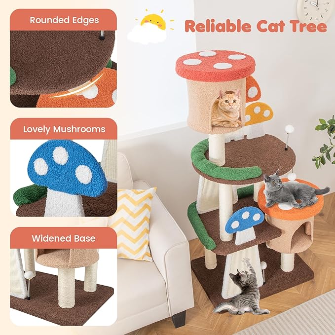 Nightcore Mushroom Small Cat Tree, 57.5" Multi-Level Cat Tower w/Natural Sisal Scratching Posts & Boards, Cat Tree w/Interactive Balls & 2 Cozy Cat Condos for Indoor Cats Large Adult