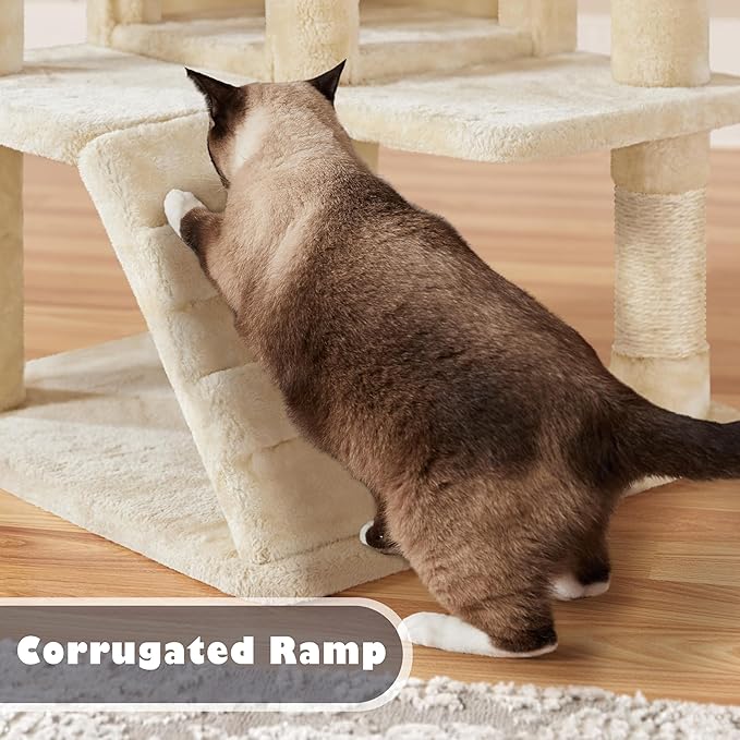 Yaheetech 54in Cat Tree, Multi-Level Cat Tower with Spacious Perch, 2 Cozy Caves, Scratching Posts, Climbing Ladder, 2 Plush Balls, Durable Pet House Furniture for Indoor Kittens, Beige