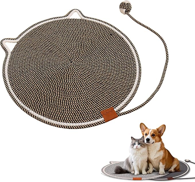 Handmade Woven Cat Scratcher Mat, 16.9"/19.7" Natural Cotton Rope Cat Scratching Pad for Indoor Cats, Non-Slip Flat Scratch Pad, Soft Durable Cat Lounging Mat with Ball Toy (Black Coffee,16.9 in)
