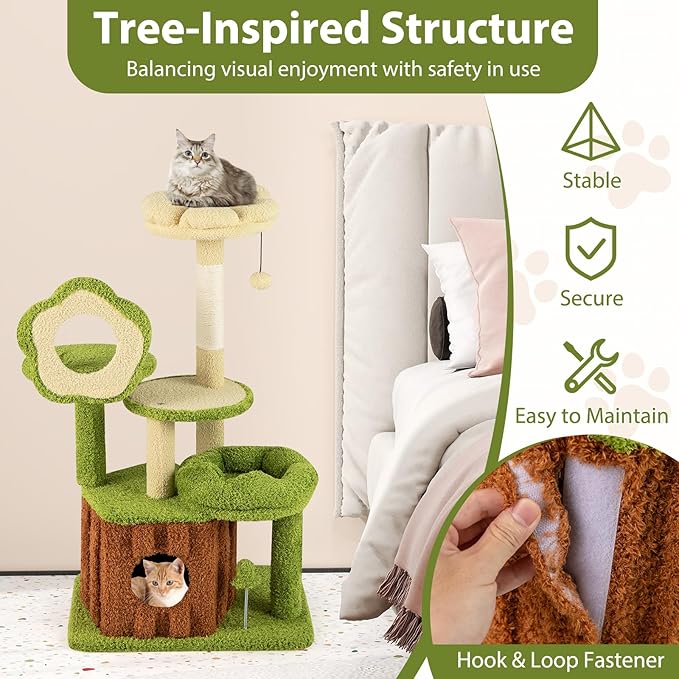 PETSITE Forest-Themed Multi-Level Cute Cat Tree, 40 Inches Tall with Sisal Scratching Posts, Condo, Dangling Ball, and Spring Toy, Ideal for Indoor Small & Medium Cats (21.5 x 16 x 40 inches)