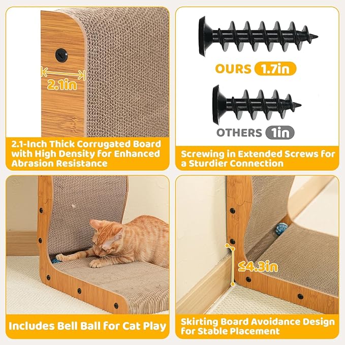 Happy & Polly L Shape Cat Scratcher - 25.8 Inch Vertical Cat Scratching Board with Ball Toy for Indoor Cats - Cardboard Cat Scratch Pad Protecting Furniture