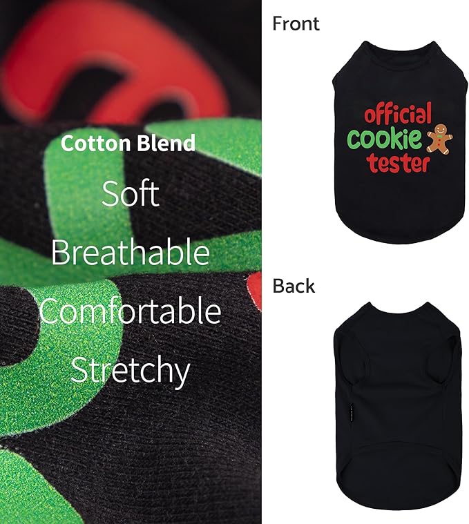 Fitwarm Official Cookie Tester Funny Dog Shirt, Christmas Dog Clothes for Small Dogs Boy Girl, Holiday Doggy Tshirt, Pet Outfit, Gingerbread, Black, Red, Green, Small