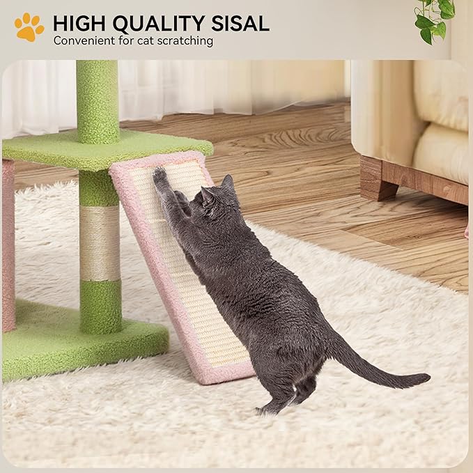 YITAHOME Tall Flower Cat Tree Tower with Detachable Perch, 65in Cute Cat Climbing Tower for Indoor Cats with Cat Condo, Basket, Tunnel, Sisal Scratching Posts and Board, Pink and Green