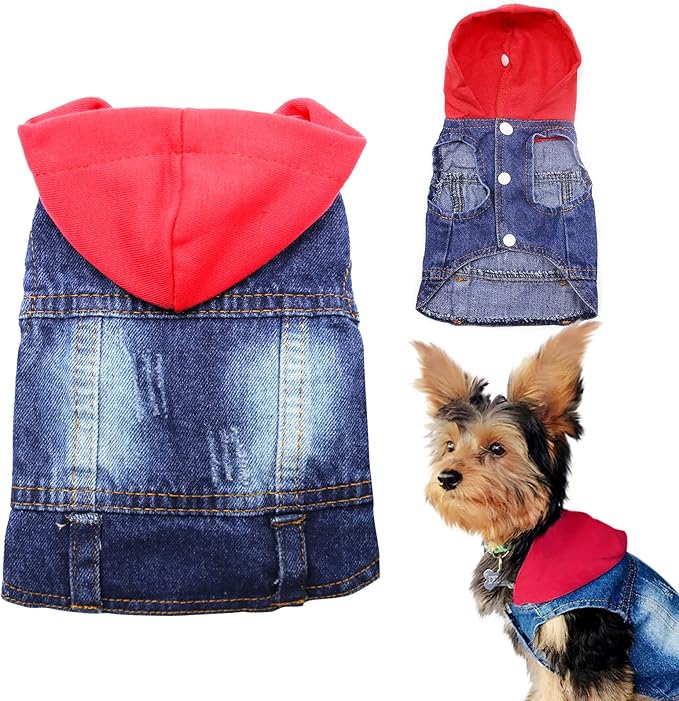 SILD Pet Clothes Dog Jeans Jacket Cool Blue Denim Coat Small Medium Dogs Lapel Vests Classic Hoodies Puppy Blue Vintage Washed Clothes (Red,XL)