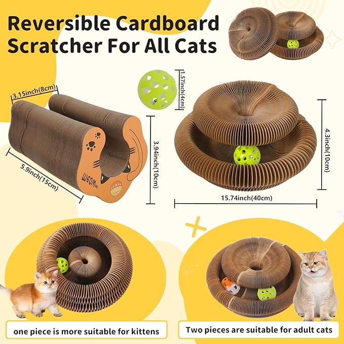 Magic Organ Cat Scratcher Cardboard Toy with Bell Ball,Interactive Honeycomb Kitten Curlz Reversible Scratching Board for Indoor Cats:Exercise,Anxiety Relief&Furniture Protector,Shape-Changeable
