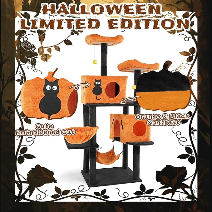 Halloween Cat Tree, 5-Level Cat Tower with 2 Condos & 2 Hammocks, Black & Orange Cat Furniture with Sisal Scratching Posts, Spooky Themed Pet Playground for Indoor Cats (60 in Halloween)