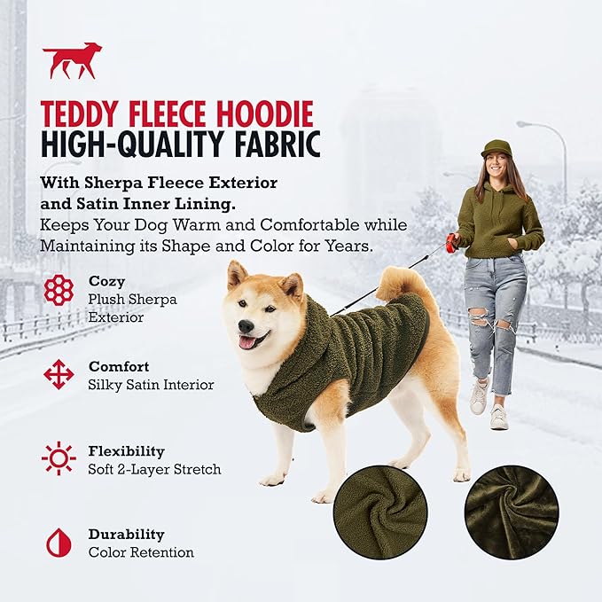 Tuff Pupper Fleece Dog Hoodie Sweater | Teddy Sherpa Outer & Soft Polar Fleece Lining | Adjustable Fit Winter Coat with Hood, Leash Hole, Ribbed Cuffs | for Small Medium Large XL XXL Dogs (Olive, XL)