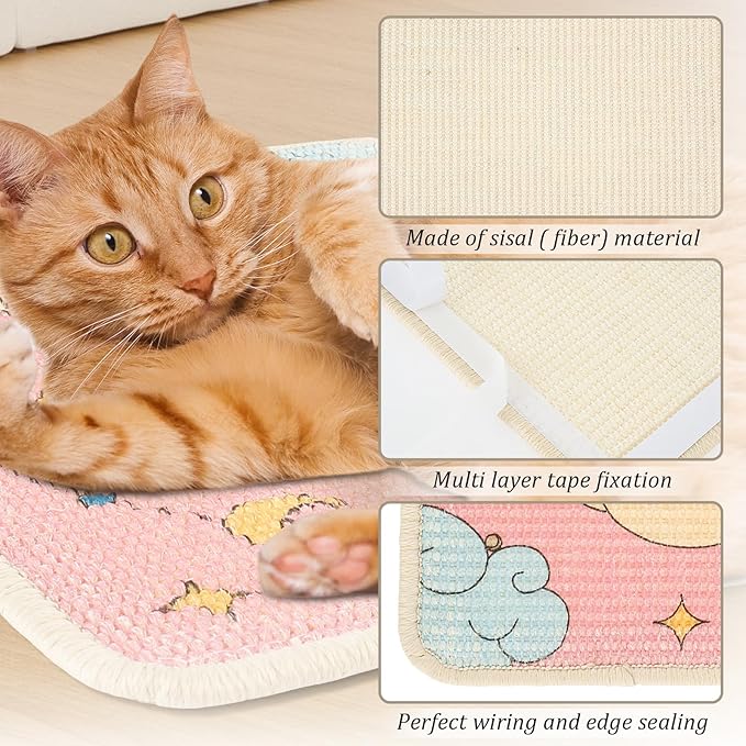 Sisal Cat Scratcher Mat, Durable and Shedding Resistant Cat Scratching Pad with Pattern, 19.69x13.78 Inch Anti Scratch Furniture Protector for Wall Couch Carpet (Pink)