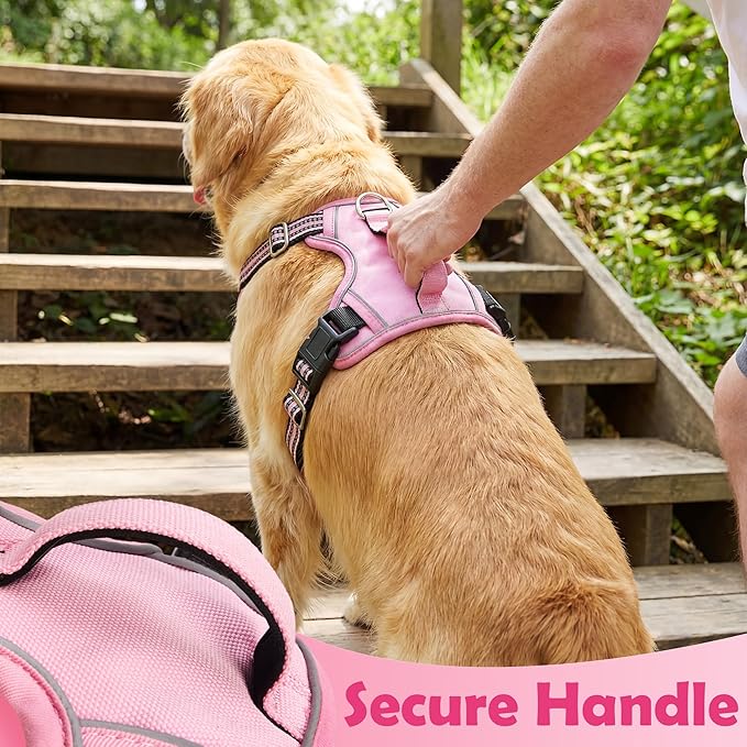 Funfox Dog Harness No Pull, Adjustable Pet Vest Harness, Super Soft Material with Vertical Handle Easy Control, Reflective Night Walking, 2 Leash Clips for XLarge Dogs, Pink, XL