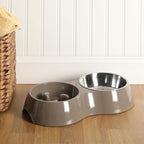 Gibson Home Curious Canines Slow Feeder Dog Bowl Set, Double Bowl with Stainless Steel Insert, Melamine Base, Anti-Gulp Feeding, Food & Water Station, Dishwasher Safe, Taupe