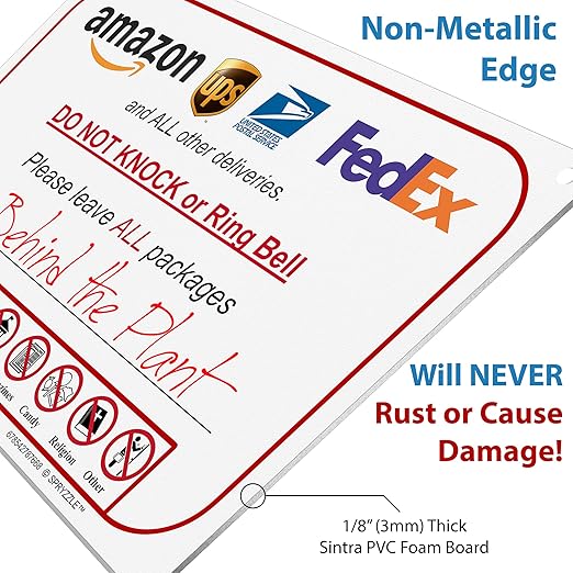 Please Do Not Knock or Ring Doorbell - Leave Package Sign Blank (Hang Sign), Write Your Own Delivery Message, 6" x 9" No Rust PVC Will Not Scratch, Easy to Mount with Holes Made in USA by SPRYZZLE