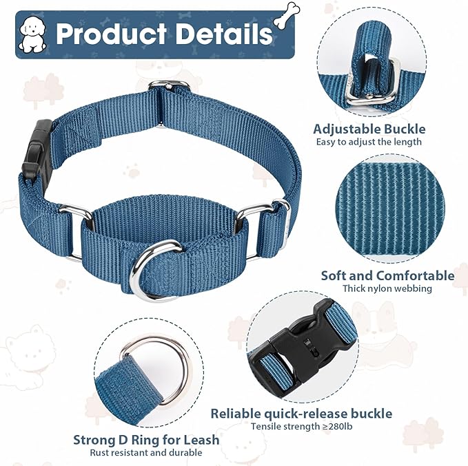 Martingale Collar for Dogs with Quick Release Buckle, Heavy-Duty Solid Color Nylon Training Collars - Adjustable No-Slip Design for Medium & Large Dog