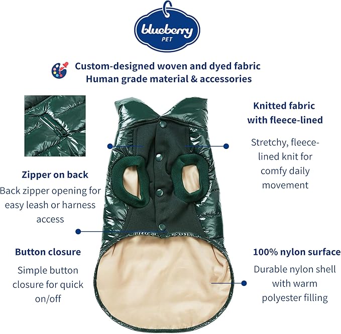 Blueberry Pet Cozy & Comfy Windproof Lightweight Quilted Fall Winter Glossy Dog Puffer Jacket in Hunter Green, Back Length 17", Size 16, Warm Coat for Large Dogs