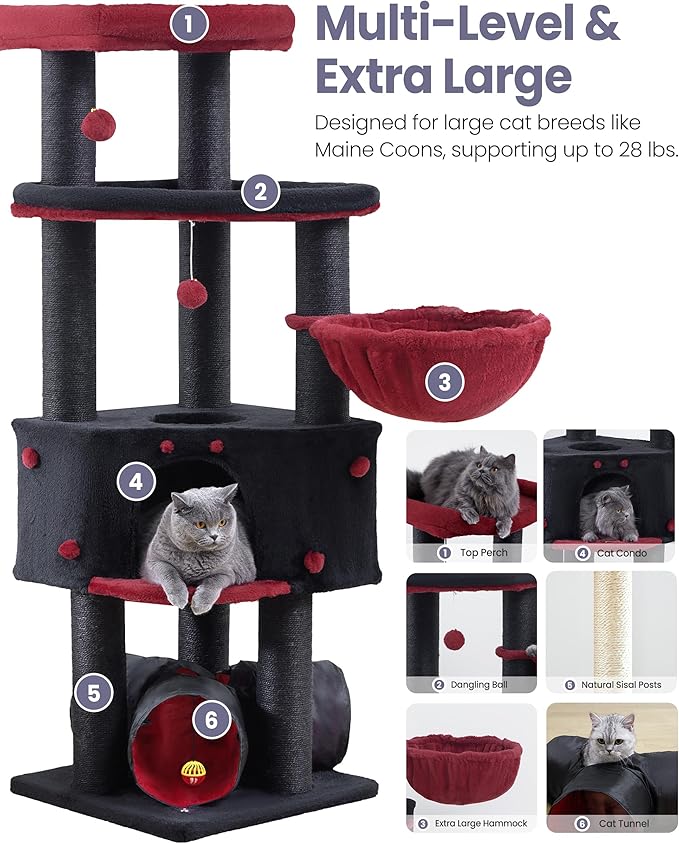 Heavy Duty Cat Tree for Large Cats Adult - 60 Inch XXL Sturdy Cat Tower Condo with Extra Wide Scratching Posts (φ4.4in) Big Cat House Hammock Perch - Indoor Wood Modern Multi Level Corner Cat Bed