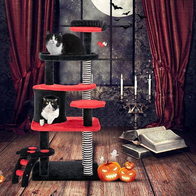 Tangkula Gothic Cat Tree, 52 Inch Black Cat Tower with Coffin Bed, Condo, Sisal Scratching Posts, Pompom Bat-Shaped Ball, Halloween Pet Furniture, Spooky Goth Cat Tree for Indoor Cats