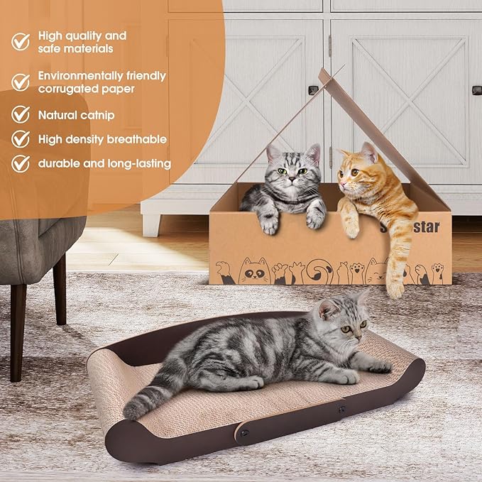 27.6'' Cardboard Cat Scratcher Bed - Extra Large Scratching Couch for Indoor Cats - Lounger Scratch Box with Cat Teaser Wand Toy and Catnip