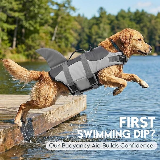 ASENKU Dog Life Jacket - Pet Safety Vest for Swimming & Boating, Shark Life Jacket with Floatation, Dog Lifesavers Swimsuits for Small Medium Large Dogs (Grey, XS)